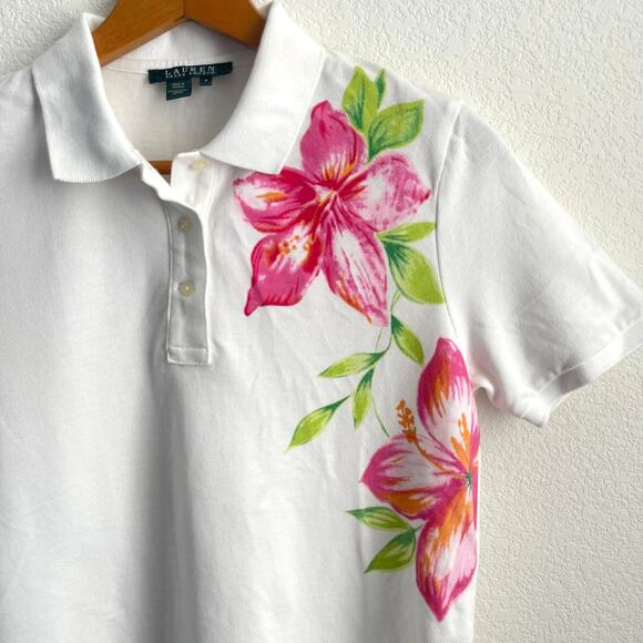 VTG LAUREN Ralph Lauren Women White Collared Polo Pink Green Floral Preppy Small - Picture 2 of 7